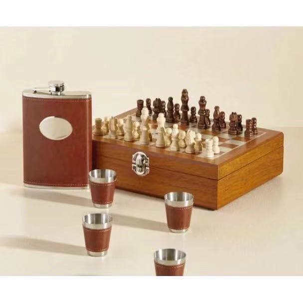 Kit Cantil Bolso Aço Inox 4 Copos 1 Funil Maleta Jogo Xadrez