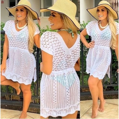 Saída De Praia Curta Vestido Tricot Verão Banho Piscina Moda Blogueira