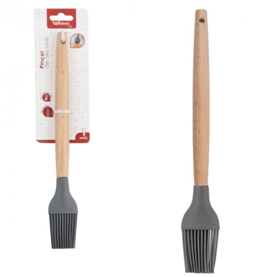 Pincel Culinario Silicone Cabo Madeira 27cm Grafite Wellhome