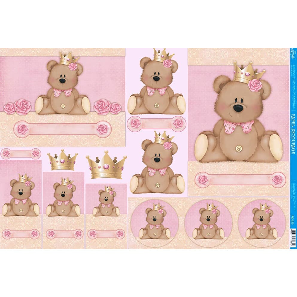 Papel de Decoupage Grande 34,3x49 Ursa Princesa pra quarto de bebê menina artesanato PD 235-Litoarte