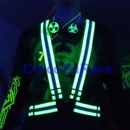 Colete X Verde Fluorescente Elástico Refletivo Ciclismo Suspensório Cybergoth - Brilha na luz negra!