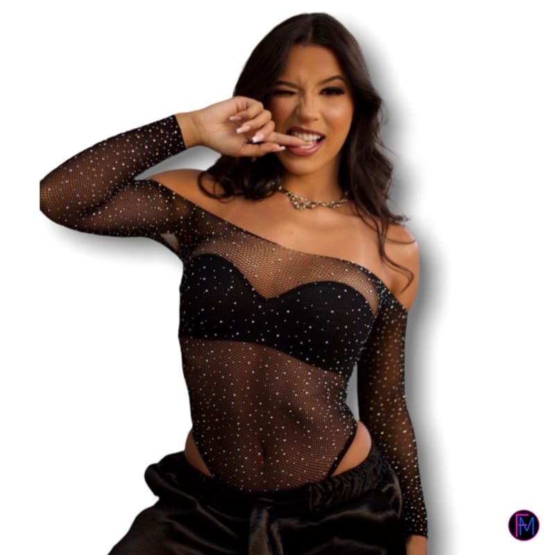 Bore Body Transparente Em Tule Brilhoso Com Pedras Blusa
