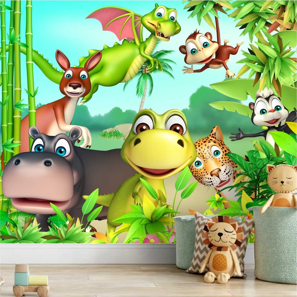 Papel De Parede Infantil Zoo Safari Floresta Hipopótamo Animais Painel Adesivo Gg933