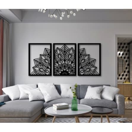Kit 3 Quadros Mandala Apliques Decorativos 41cm x 29cm - MDF - Preto Fosco