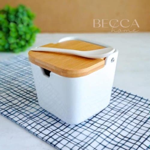 Saleiro de Mesa de Porcelana Com Tampa de Bambu e Colher Bianco Lyor