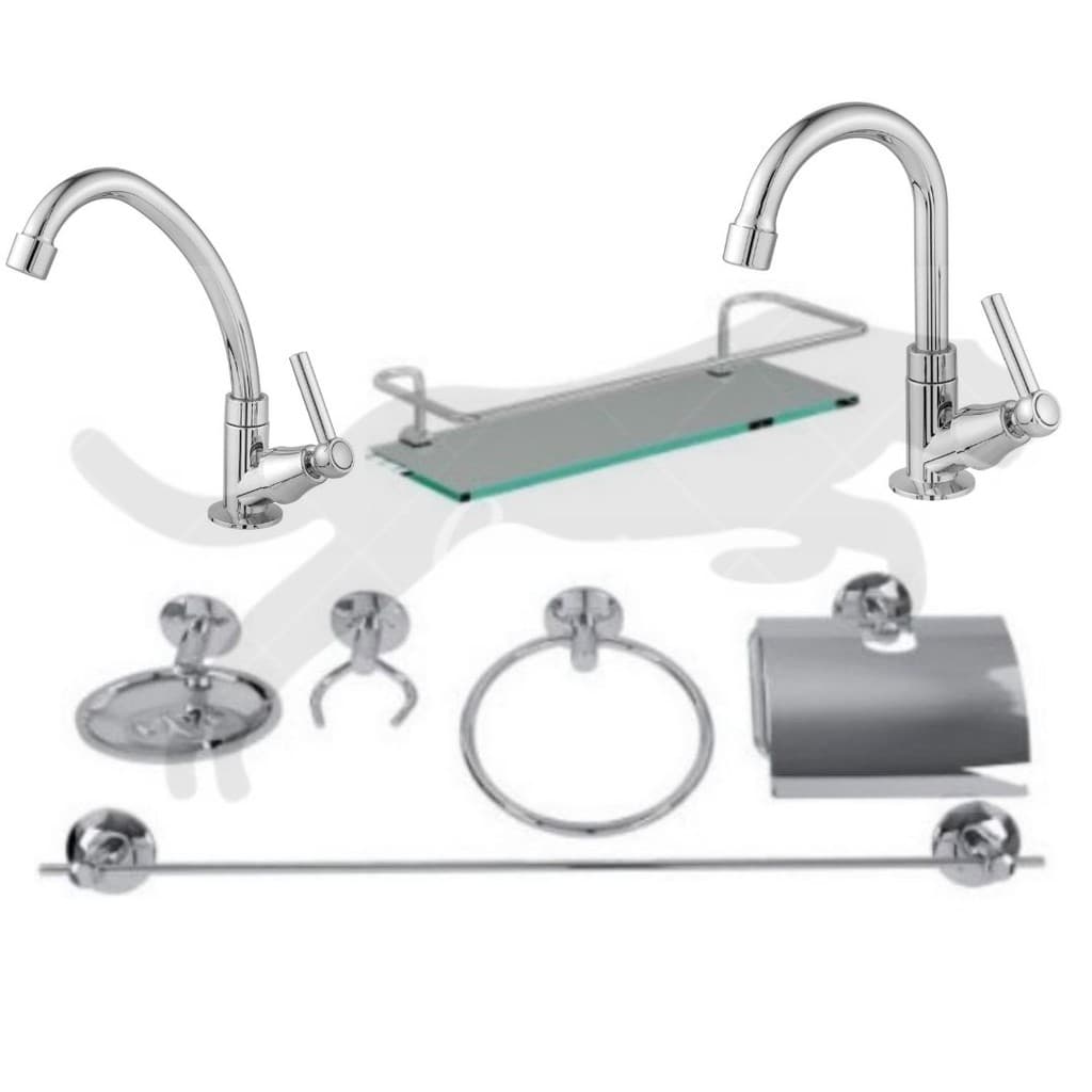 Kit acessórios para banheiro 6 peças aço inox com porta shampoo reto + 1 torneira para banheiro + 1 torneira de cozinha bancada