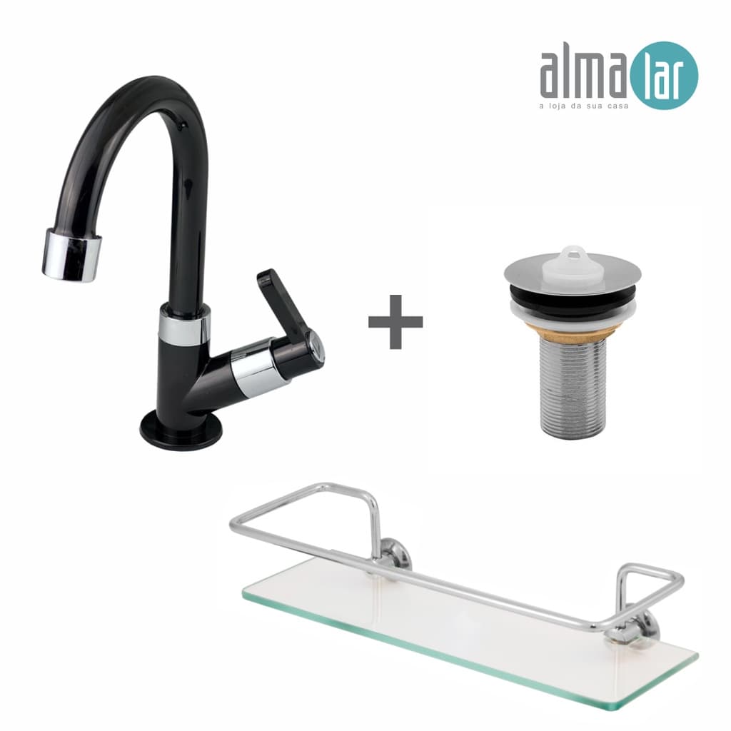 kit Torneira Pia de Banheiro ou Lavabo Preta Em ABS 1/4 De Volta + Válvula Metal Pia Banheiro e Prateleira Suporte Porta Shampoo De Vidro KIT COMBO