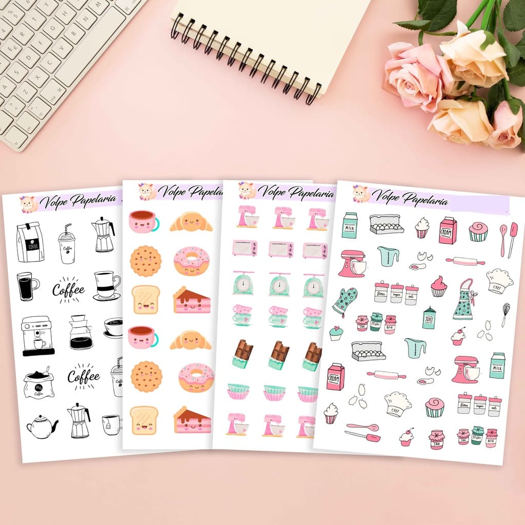 Cartela de adesivos/ comidas, bebidas, culinária (30 opções para escolher) /decoração -planner - agenda- bujo - kawaii