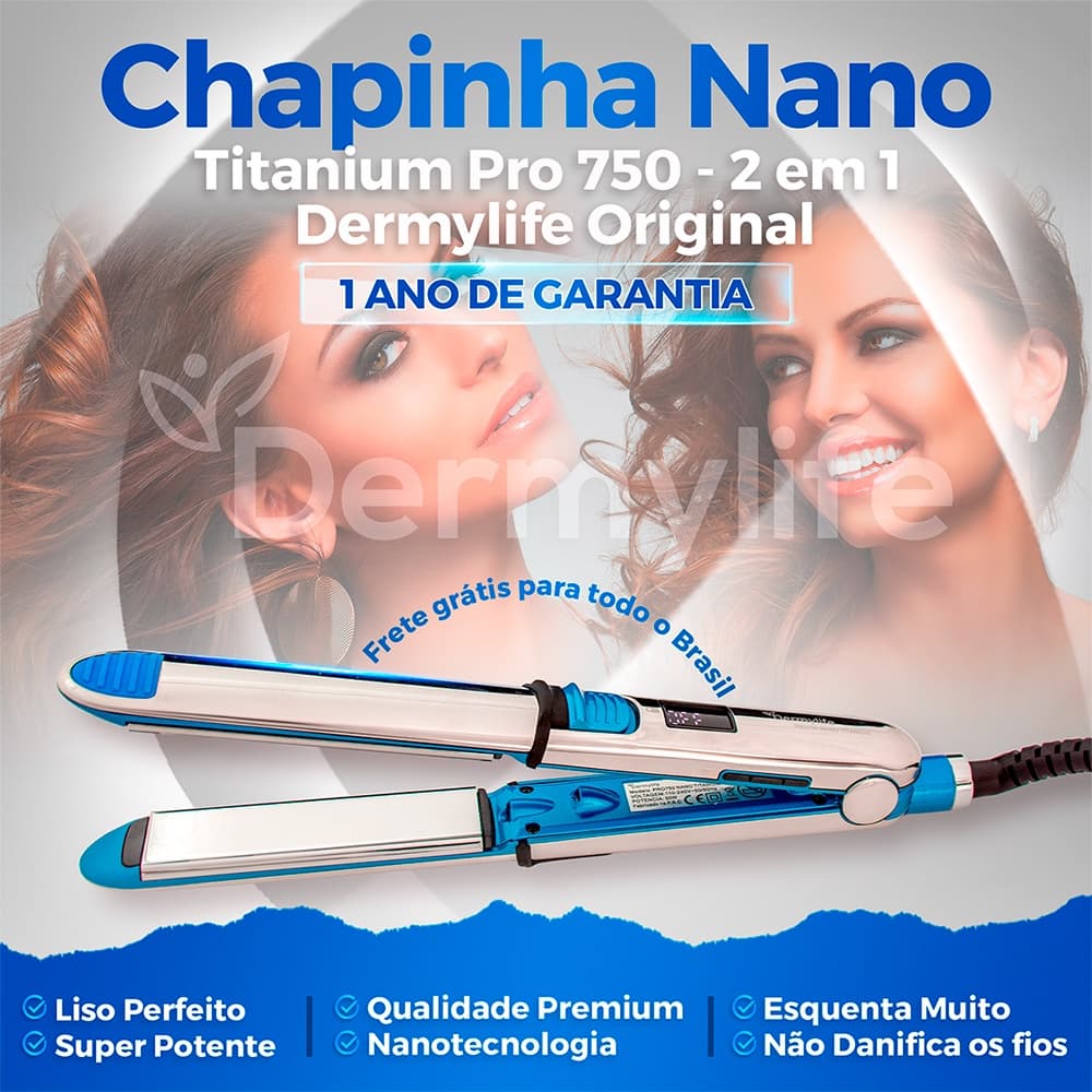 Placa Chapinha de Cabelo Profissional - Nano Titanium PRO750 - Original Dermylife - 2 EM 1 - BIVOLT - SUPER POTENTE