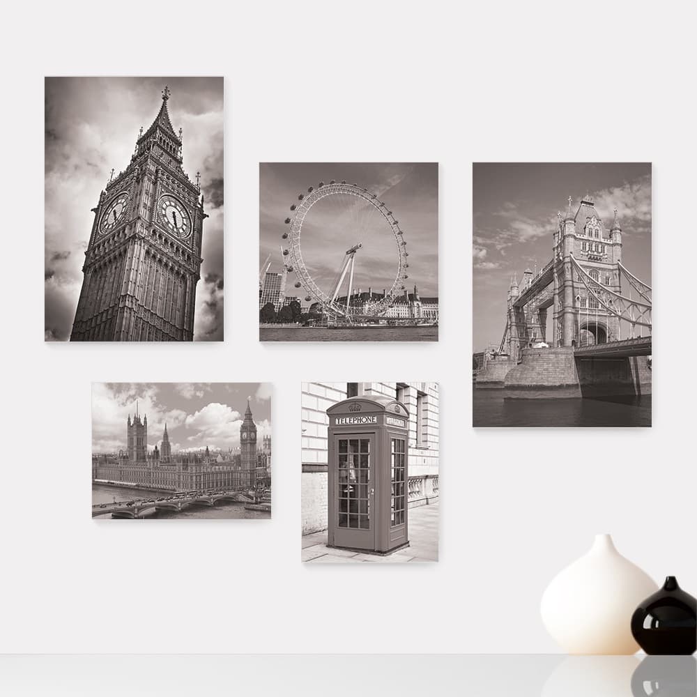 Kit 5 Quadros Decorativos Placas - Inglaterra - Londres - Pontos Turísticos - Preto e Branco Casa Quarto Sala - 270ktpl5