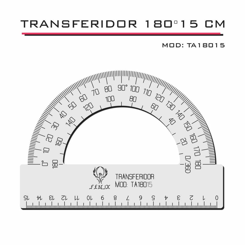 Transferidor  Acrílico 180 15cm Transparente com bordas retas sem chanfro Desenho Técnico Fenix