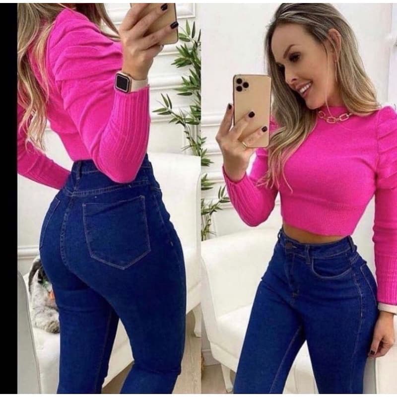 Blusa Feminina Tricot Modal Cropped Simples tricô manga longa bufante