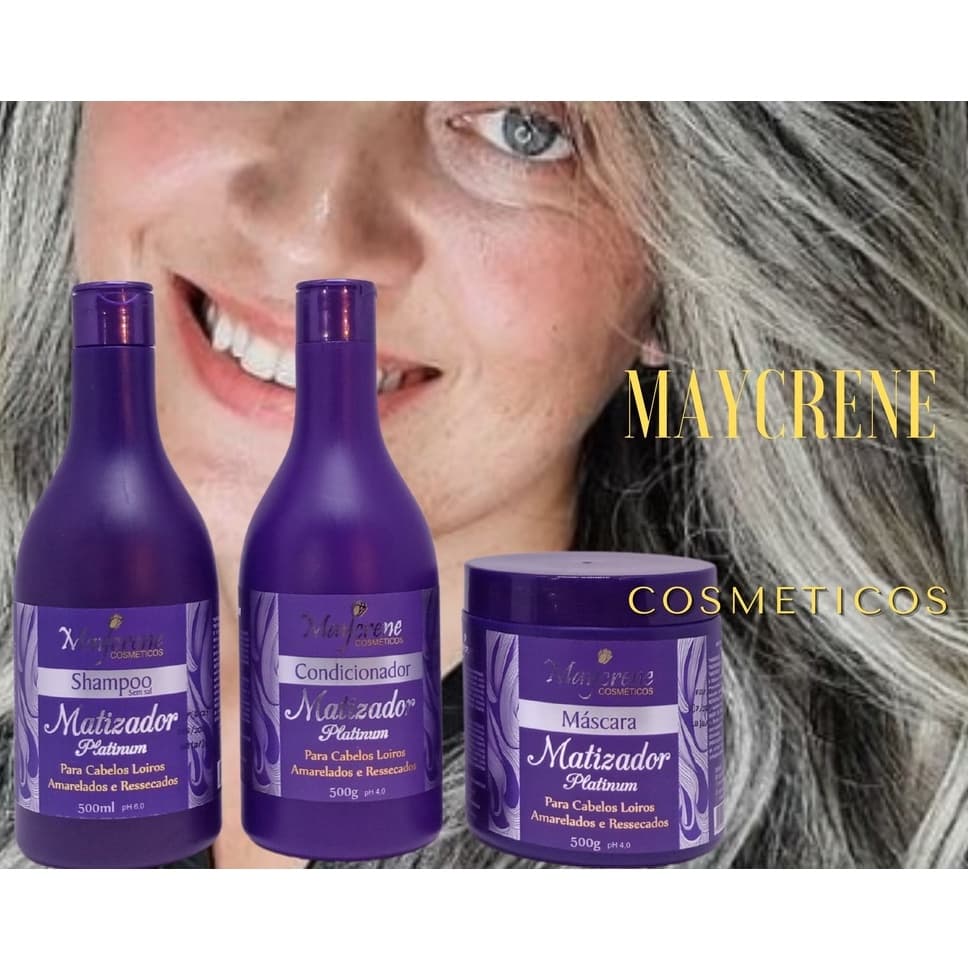 Kit Matizador Platinum Maycrene (Shampoo Condicionador e Máscara) Para cabelos Louros, Amarelado