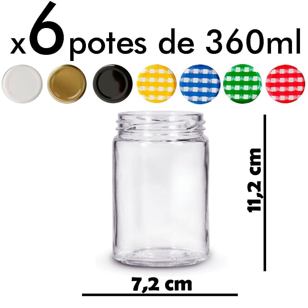 Pote Vidro 360ml - kit 6 unidades com tampa metálica