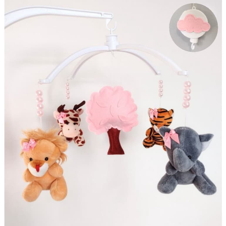 Móbile Músical e Giratório Safari Animais Rosa Menina