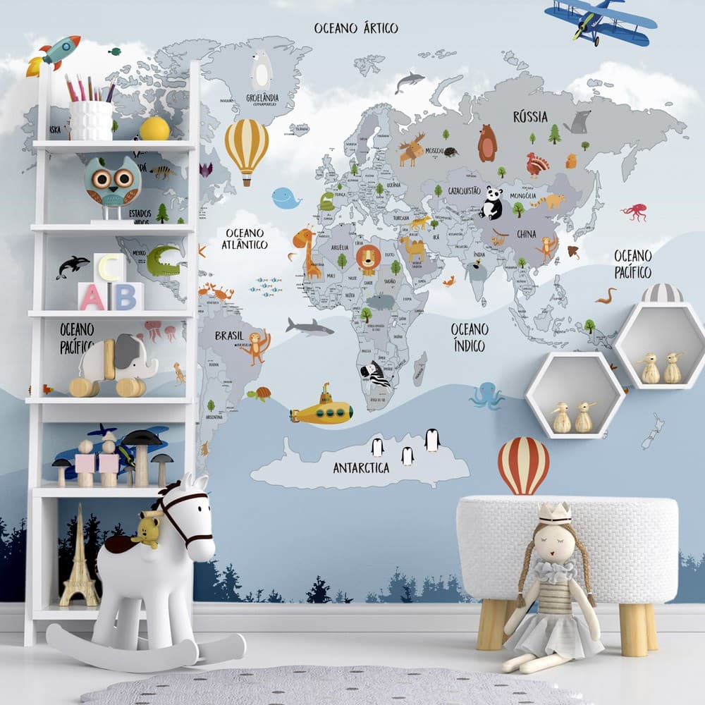 Papel de Parede Personalizado Foto Mural Mapa Mundi Avião Balão Foguete e Animais - Imagem vai Inteira Sem repetição M²