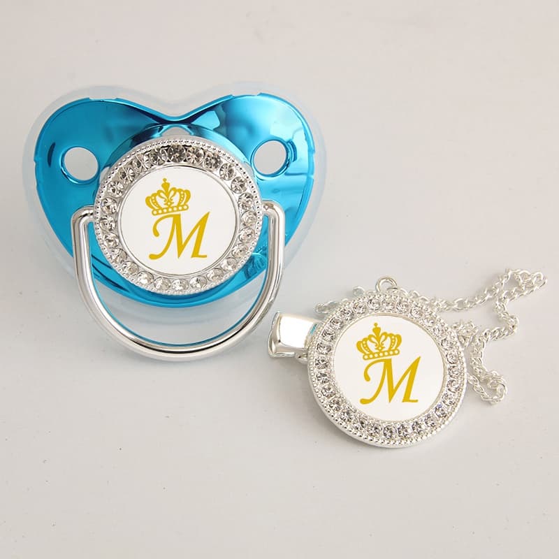 26 Nome Iniciais Coroa Azul Bebê Pacifier Com Corrente