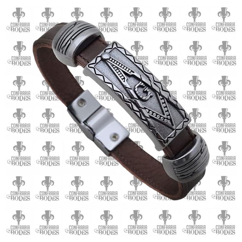 Pulseira Maçom Couro  Marrom Com Simbolo Maçonaria
