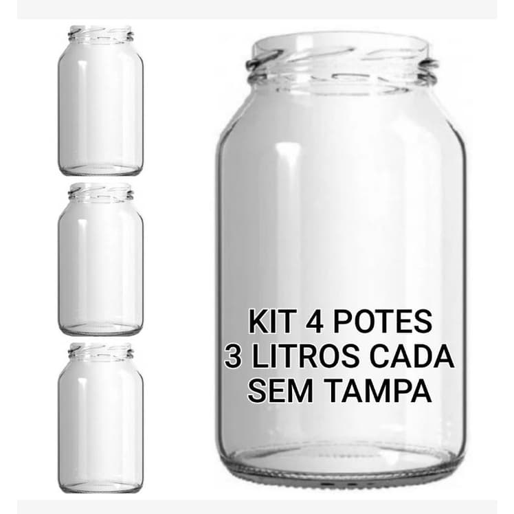 KIT 4 POTES DE VIDRO 3 LITROS SEM TAMPA, Ideal para guardar bolachas, doces, cereais