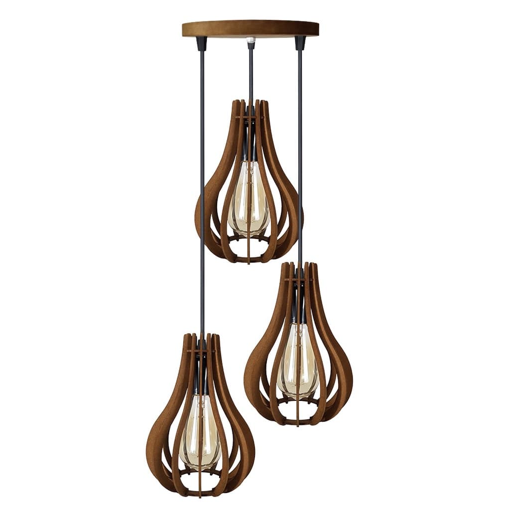 Luminária Lustre Pendente Trio De Madeira Retro Gotinha Com Regulagem De Altura