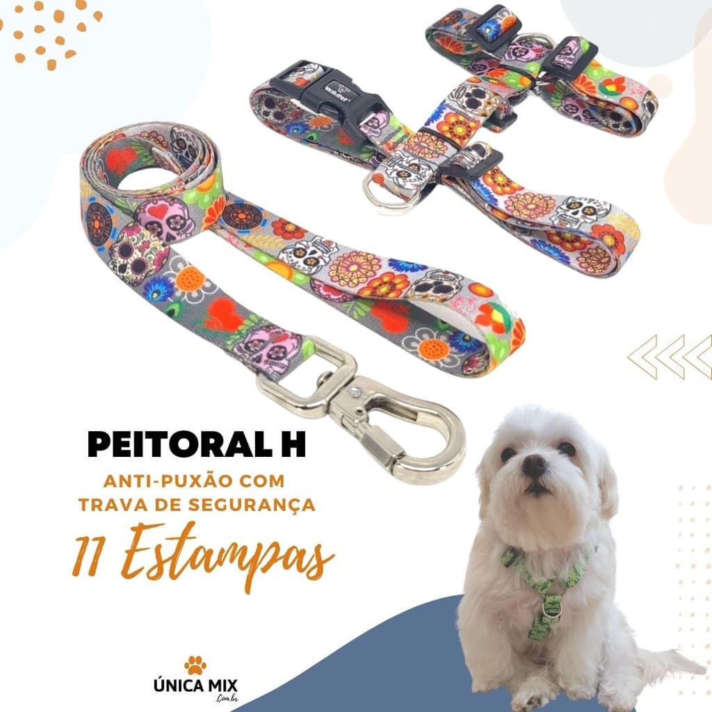 Coleira Peitoral Pet H Antipuxão para Cachorro ou Gato com Guia e Trava de Segurança Dupla