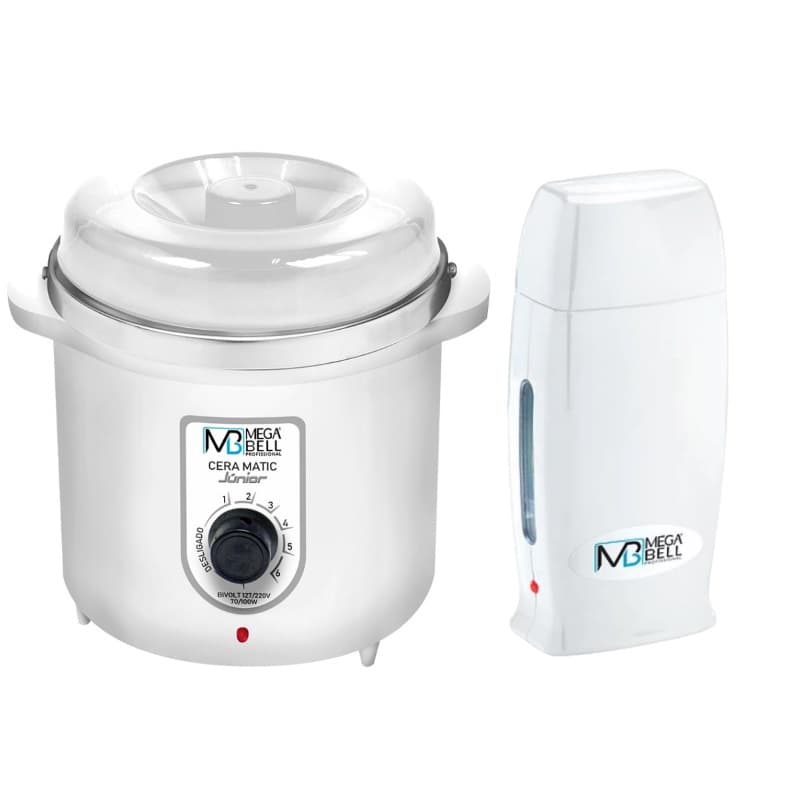 Kit Depilação Termocera 400gr Sem Refil Branco + Aquecedor de Cera Roll-on Todo Branco Mega Bell