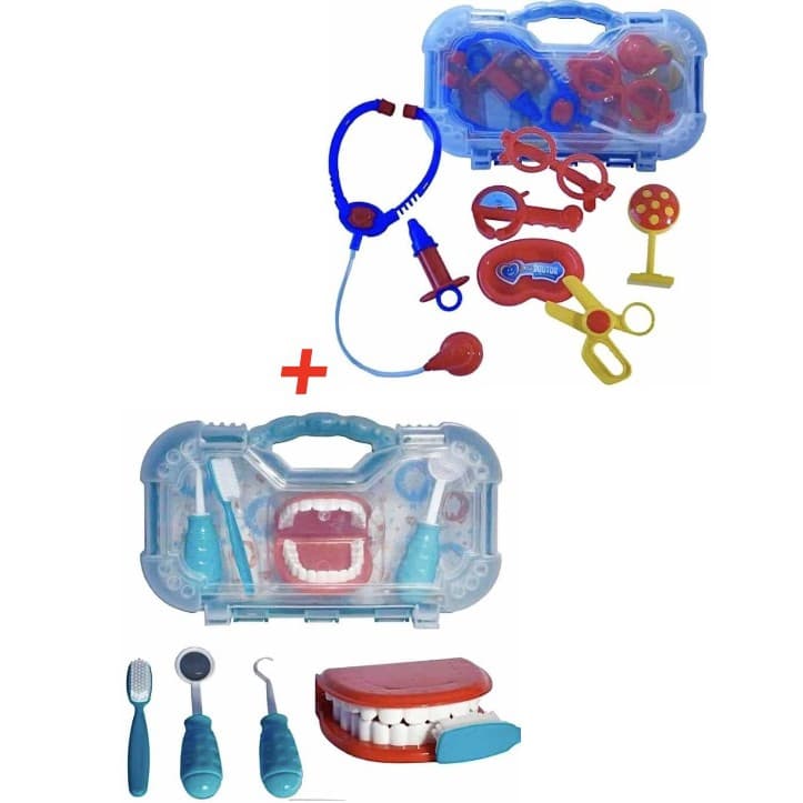 Maleta Kit Dentista verde + Maleta Kit Médico Azul 2 produtos Em 1 anúncio Odontologia brinquedo diversão pakitoys