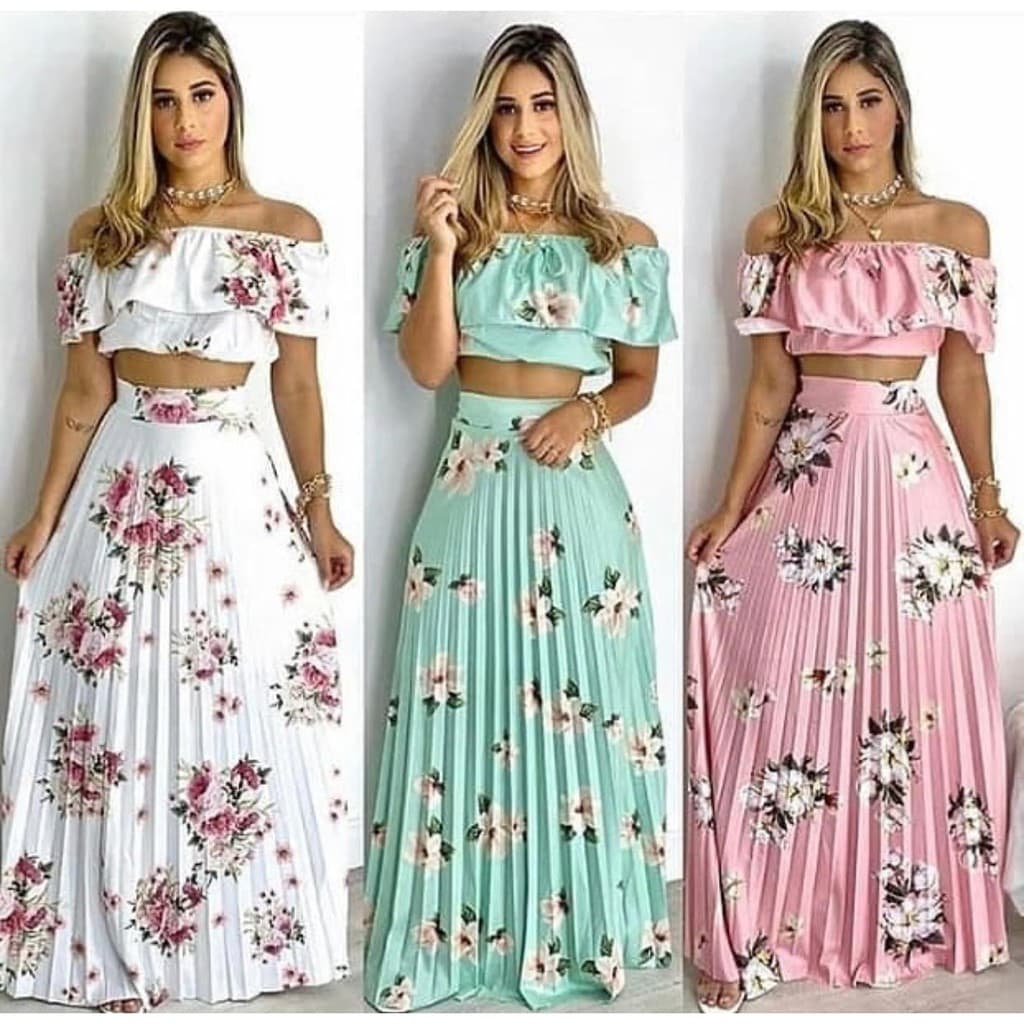 conjunto feminino plissado saia e cropped