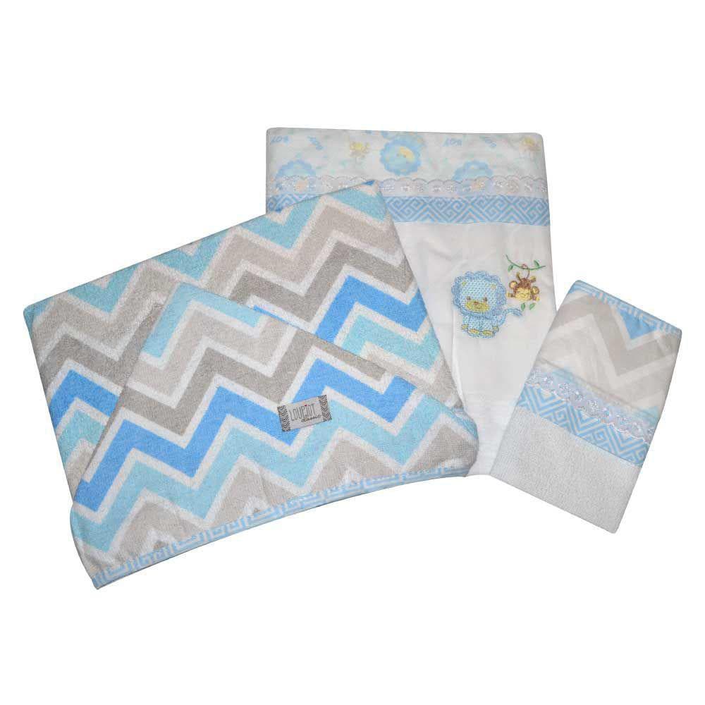 Kit de toalhas para banho 3 peças (toalha felpa, toalha fralda e toalhinha boca) Leãozinho azul- Loupiot