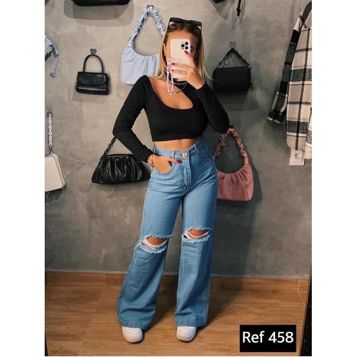 Wide leg delave rasgo denim premium Envio Imediato