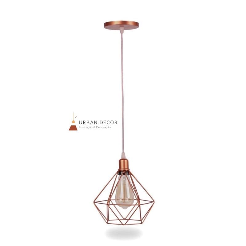 Lustre Pendente Diamante  Rose Gold  Aramado Luminaria Vintage Diamante Preto Aramado Retro Industrial