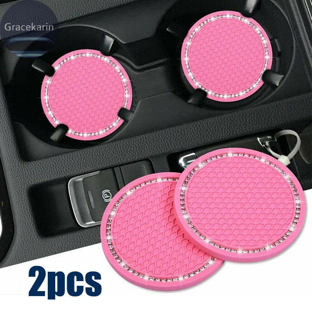Suporte De Copo Tapete Almofada Rosa Strass Universal 2 Peças Conjunto Acessórios Carro Automático