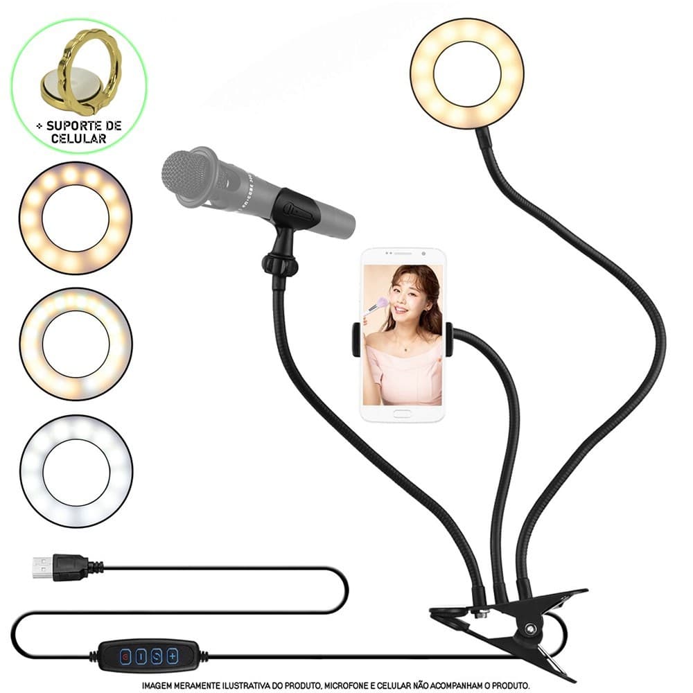 Iluminador Ring Light de Mesa Suporte Celular Microfone Presilha CBRN14323