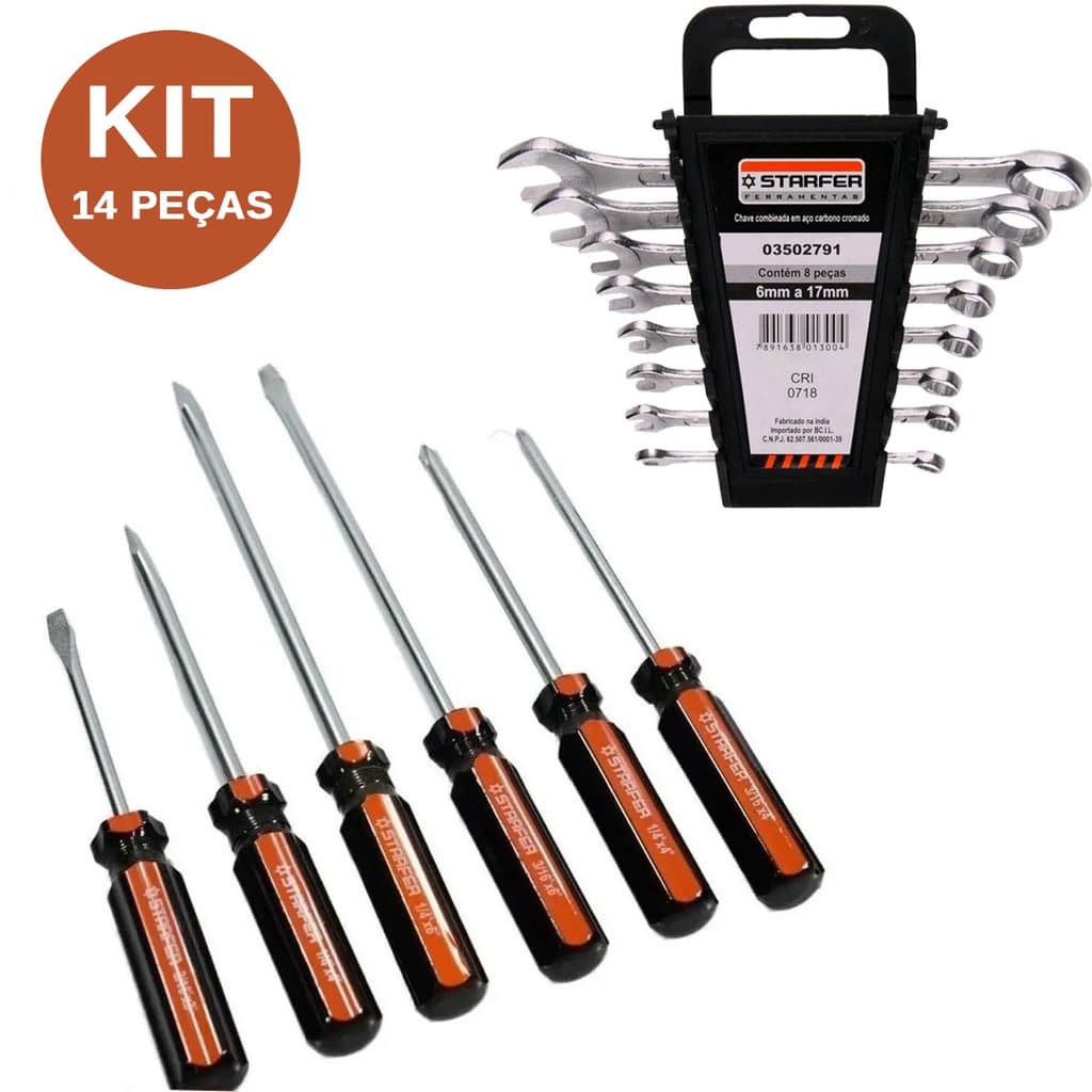 Kit Jogo Chave de Fenda e Phillips 6 Peças Magnética + Jogo de Chave Combinada 6 a 17mm 8 Peças - St
