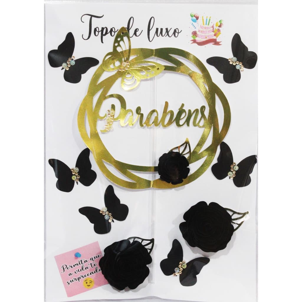 Topper de bolo Parabéns  - Dourado com preto
