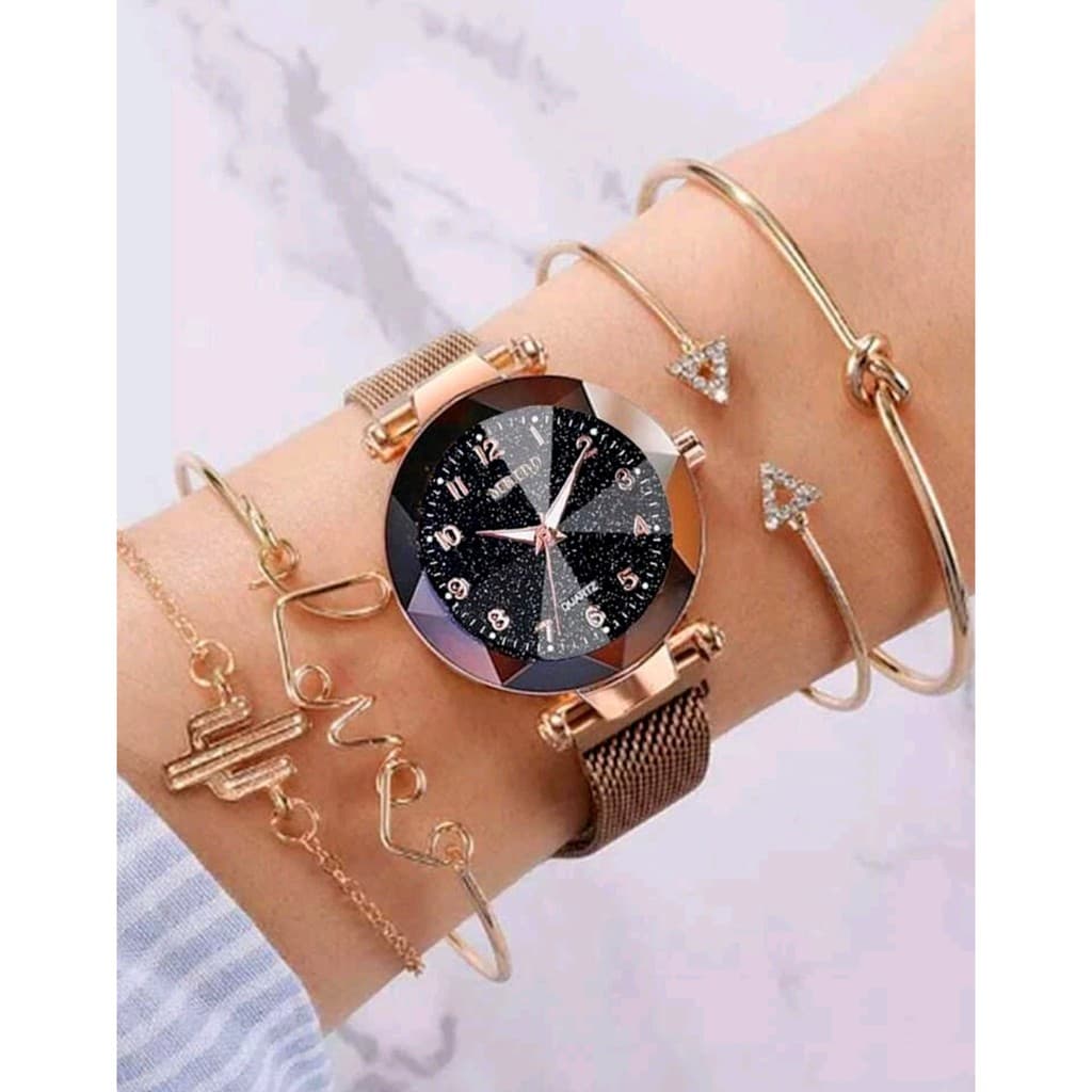 Relógio de Pulso Feminino Com Visor Estrelado Preto em Quartzo Acompanha 4 Pulseiras Kit Conjunto