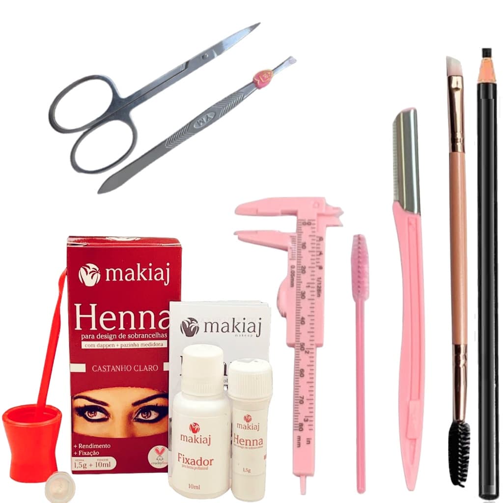 Kit Design de Sobrancelha Henna + Navalha +Pinca + Tesoura + Lapis + Pincel +Paquimetro + Escovinha