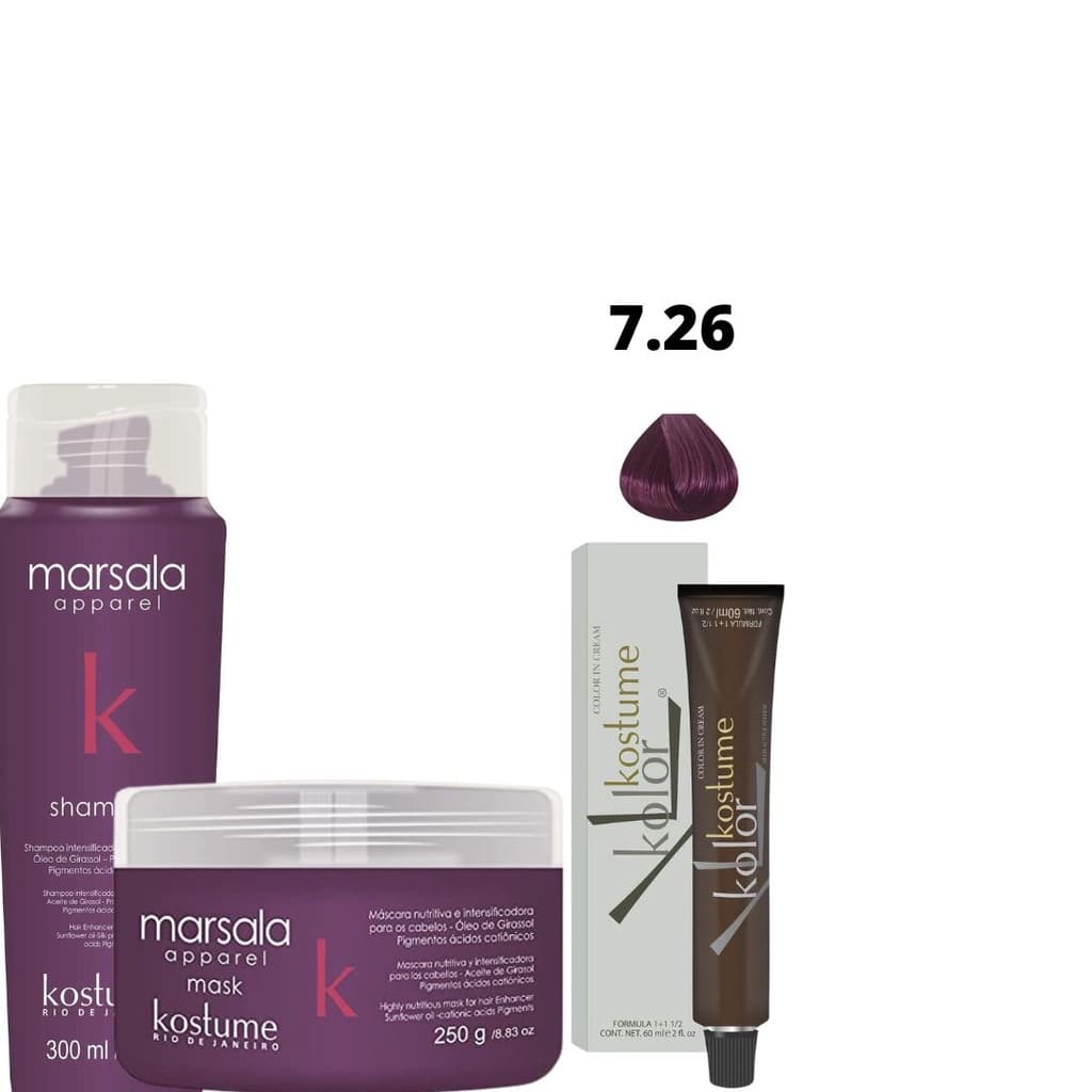 Kit Marsala Kostume Shampoo, Máscara, Coloração 7.26