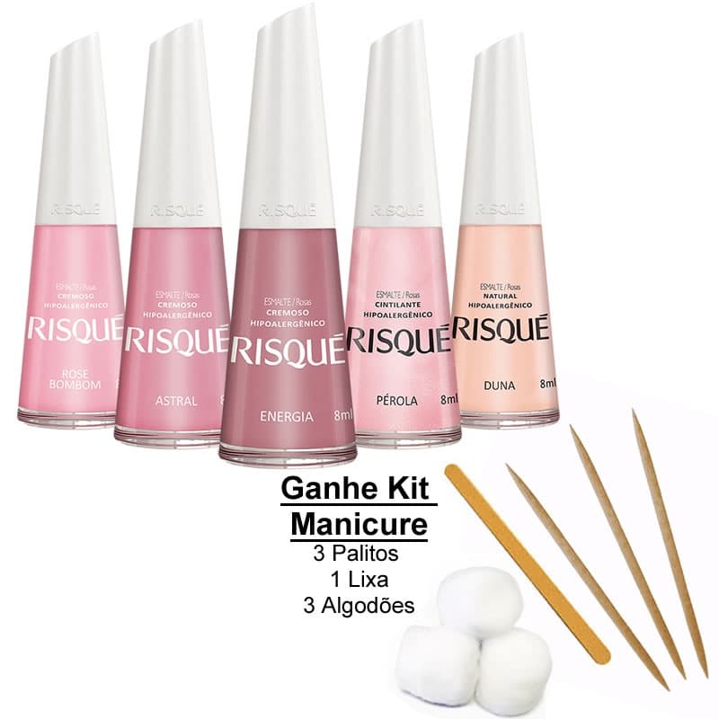 Kit 5 Esmaltes Risqué Rosa - Grátis Kit Manicure