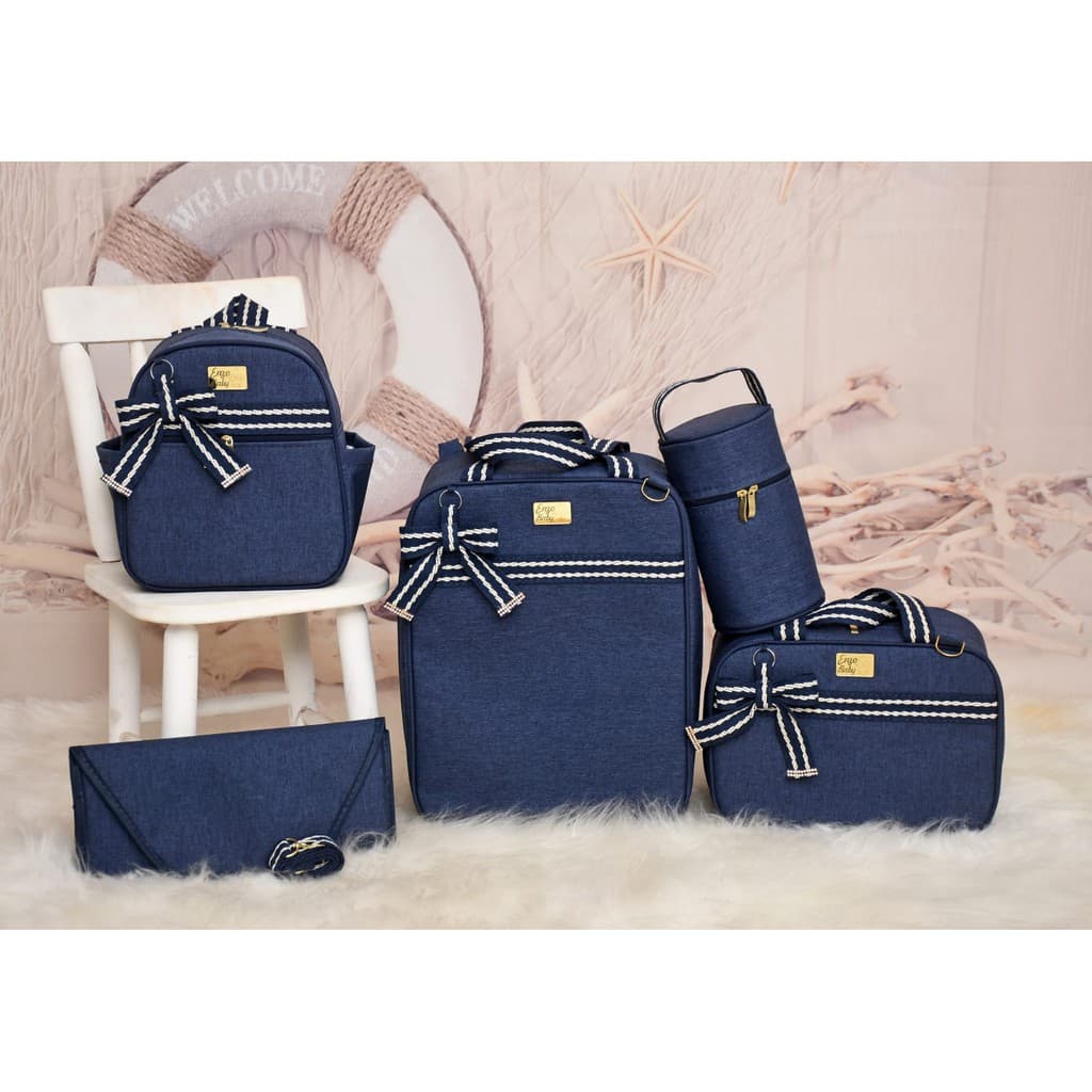 kit de bolsas de bebê saída maternidade de 5 peças modelo jeans