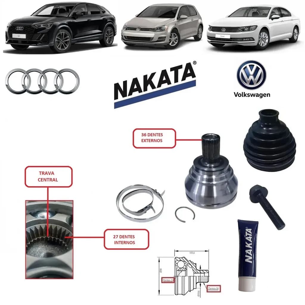 Junta Homocinética Dianteira Roda 27X36 Dentes Trava Central Audi/Vw A3/Q3/Golf/Jetta/Passat 1.4 16V Tfsi/Tsi/2.0 16V Fsi/Tfsi 2010 a 2019 5Q0407271G/SKU2159