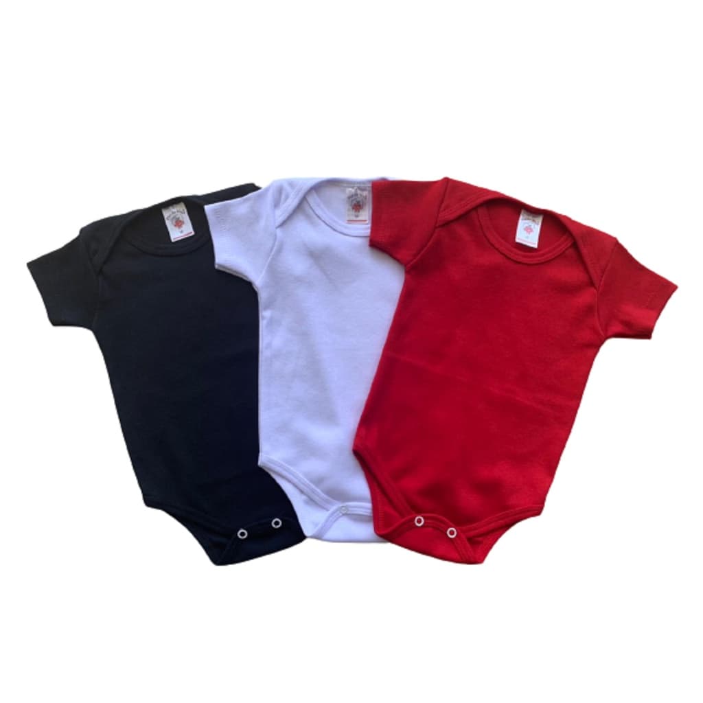 Kit C/3 Body Bebê Manga Curta - 100% Algodão - Vermelho/Branco/Preto