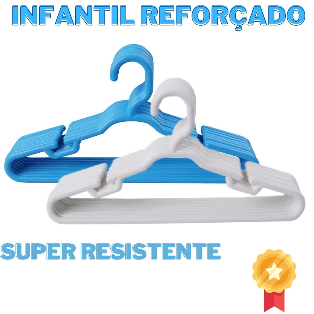 Cabide Infantil Reforçado (Branco+Azul) 8mm Resistente - 50 Unidades - 25 Cabide de Cada Cor