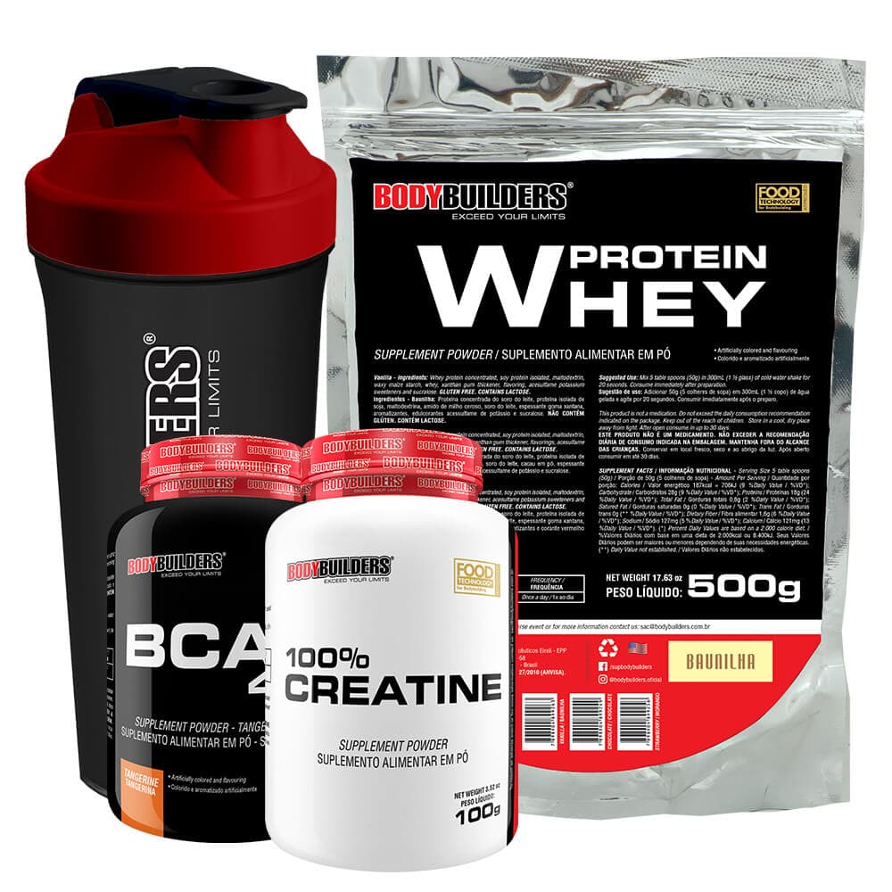 Kit Whey Protein 500g + BCAA  4.5 100 gr + Creatine 100g + Coqueteleira – Bodybuilders