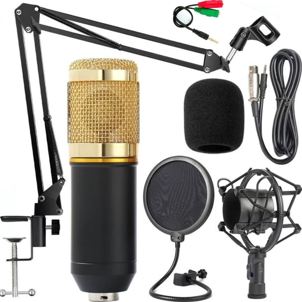 Kit Microfone Condensador Profissional Braço Articulado Shock Mount Pop Filter Home Estúdio