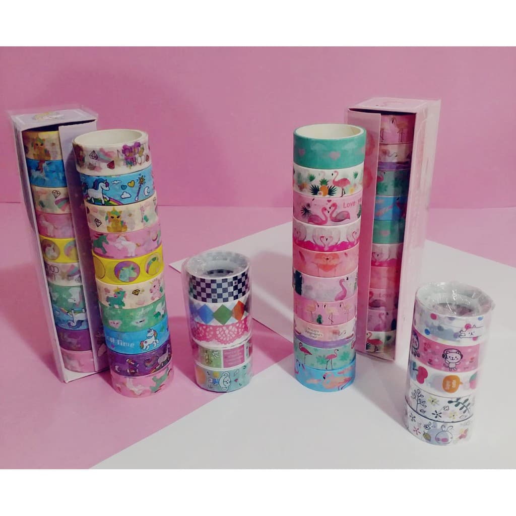 Kit Washi Paper Tape Com 10 - Unicórnio ou Flamingo