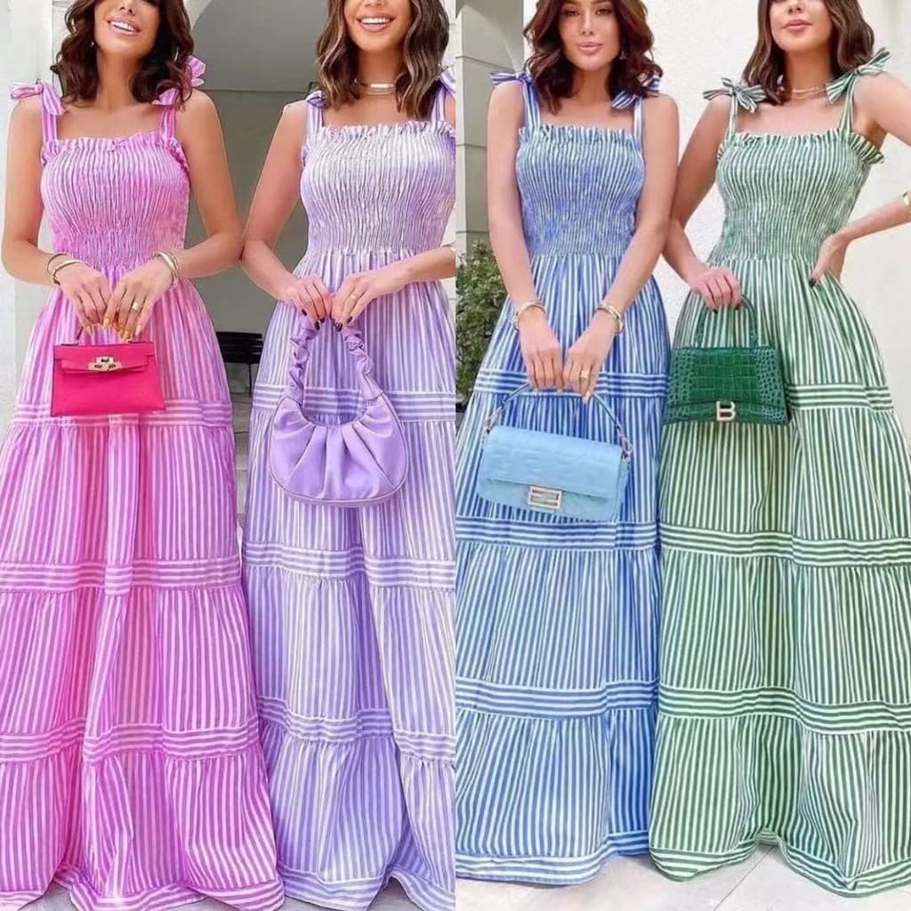 Vestido Longo Feminina De Linho Listrada Alça Marrada