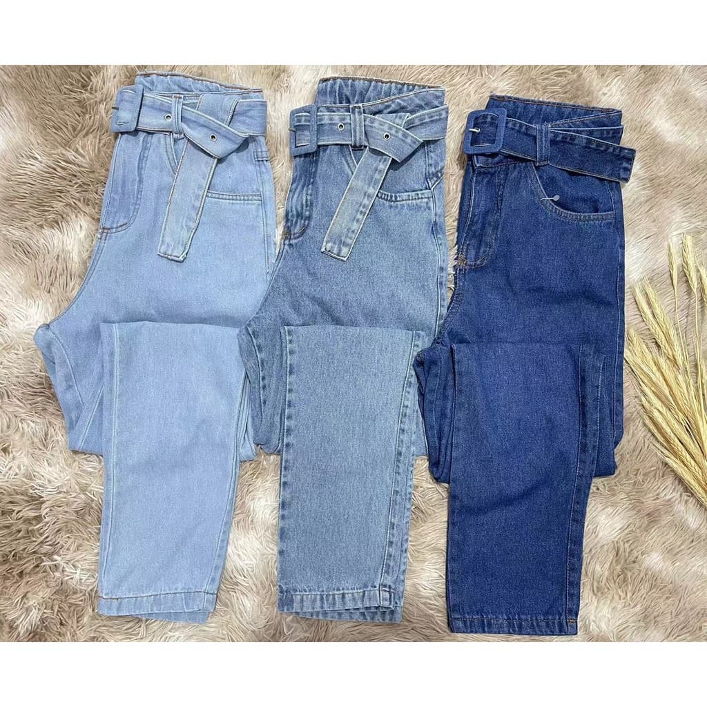 Calça mom jeans Femininas Calça cintura alto com cinto Calça jeans sem lycra