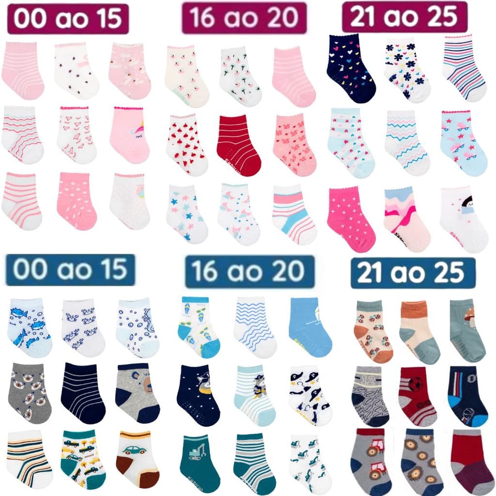 Kit 6 Pares Meia Estampada Pimpolho Antiderrapante Menina/Menino 0 A 25