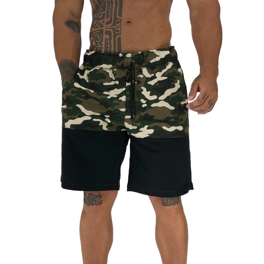Bermuda Masculina Moletom MXD Conceito Camuflado Verde/Preto Academias Esportivas Casuais Bolso Lateral Varejo/Atacado